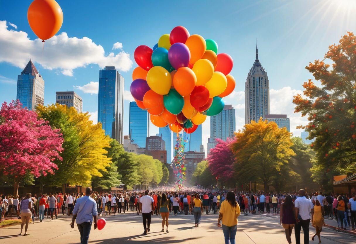 A sunlit Atlanta skyline with cheerful people enjoying a vibrant community event, colorful balloons floating in the air, and trees blossoming with flowers all around. The scene captures a sense of joy, togetherness, and positivity amidst the city's iconic landmarks. Bright colors and a warm atmosphere evoke happiness and inspiration. super-realistic. vibrant colors. 3D.