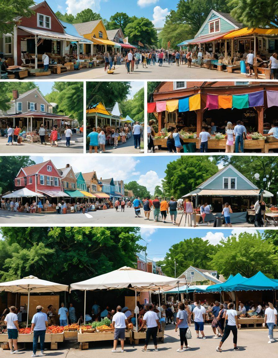 A vibrant collage depicting a diverse group of people in Georgia participating in community activities such as a local market, a festival, and a neighborhood clean-up, showcasing their smiles and camaraderie. In the background, lush greenery and traditional Georgian architecture create a warm atmosphere, while colorful banners and decorations highlight the spirit of celebration. super-realistic. vibrant colors. sunny day.