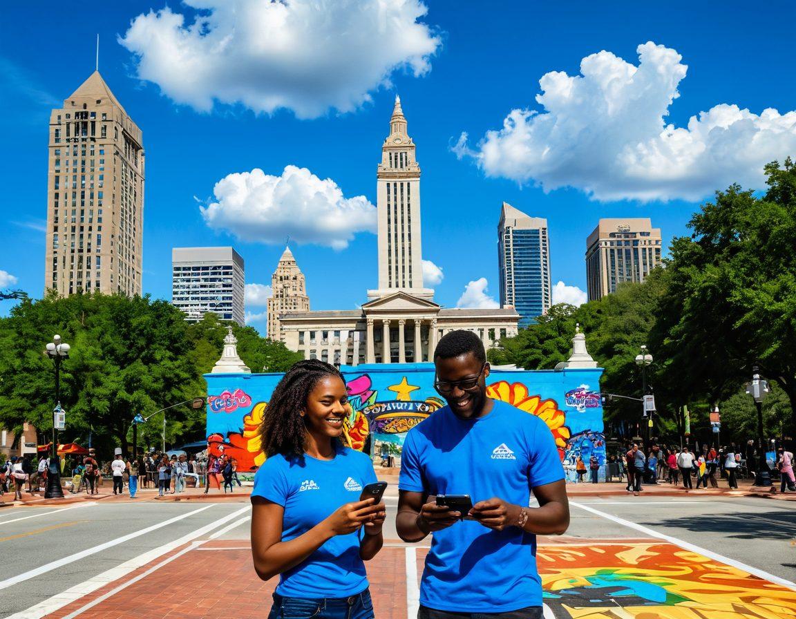 A vibrant and cheerful street scene in Atlanta, showcasing iconic landmarks like the Georgia State Capitol and Centennial Olympic Park, with people smiling as they read news on their phones and interacting with colorful street art. The sky is bright blue with fluffy clouds, and a warm sunlight bathes the scene, creating a sense of community and positivity. super-realistic. vibrant colors. 3D.